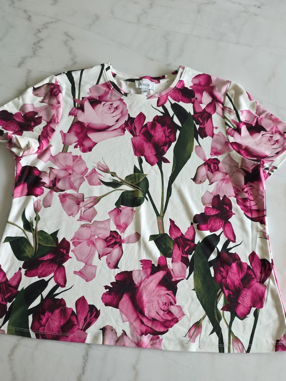 CeCe White Tee with Pink Floral Print